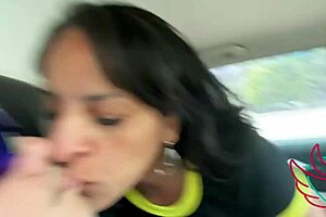 Latina wife sucks stepson in car while cuckold husband drives.