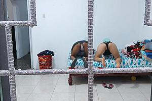 horny housewives touch each other's buttocks and tits while doing housework