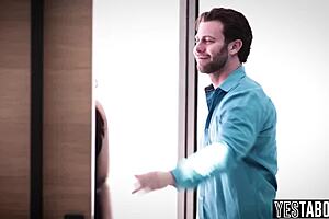 Petite brunette 18+ beauty bends over for hardcore anal sex with her employer's husband on camera.