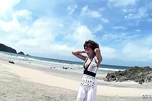 Anorexic Japanese Gilf gives pov blowjob at beach?