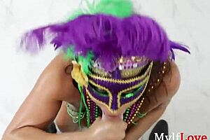 busty brunette oiled milf with thick ass says happy mardi gras camela clutch