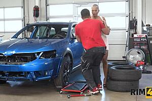 sexy short-haired beauty tongues mechanic's anus