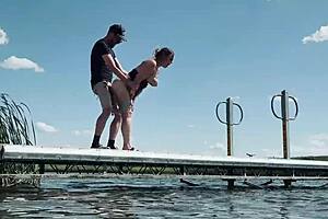 Amateur couple with big tits wife gives blowjob and fucks with big cock outdoors almost getting caught