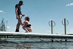 Amateur couple with big tits wife gives blowjob and fucks with big cock outdoors almost getting caught