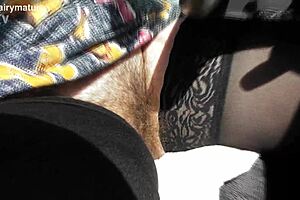 hairy mature milf flashes beaver pussy in car during outdoor public adventure, so risky and exciting!