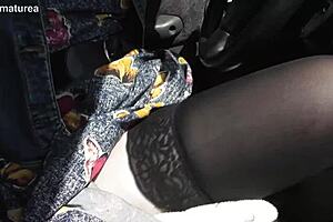 hairy mature milf flashes beaver pussy in car during outdoor public adventure, so risky and exciting!