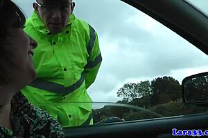 mature woman in skirt and boots gets caught masturbating and fucks patrol cop