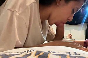 Stepsister gives incredible blowjob alone at home