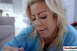 lovely milf caresses the hunky guy's huge cock while riding.