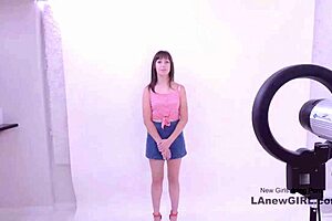 Pretty brunette milf chats during casting interview on sofa