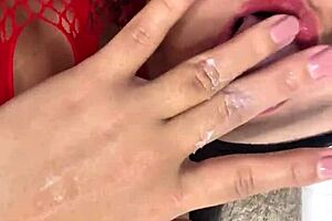 A masked cheating wife secretly masturbates for her lover, wetting her tight pussy completely.