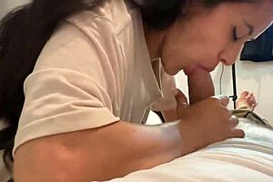 Stepsister gives incredible blowjob alone at home