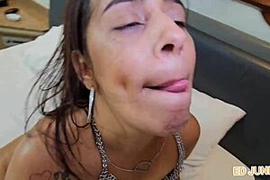 Mature Latina milf rides big cock in jeans, getting anal fucked without condom in red sheer outfit.