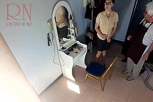 hidden camera catches nude barbershop where hairdresser makes lady undress for haircut