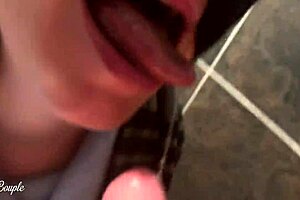Cute Babe Gives Blowjob in Public Toilet After Handjob Under Table