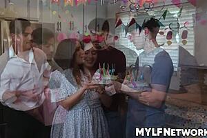 Liv's stepsons bet on touching her tits and ass for birthday, making her wet dream come true.