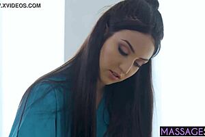 Sweet teen massages hot babe's pussy after body massage in lesbian threesome