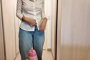 Stepmother helped her stepson quickly cum in her panties before work 😏