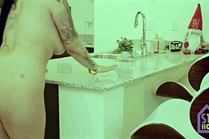 Mature step mom chats with her step son in the kitchen