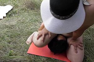 oh man, this hairy mature lady jus' facesits with pee outdoors, y'know, flashin' her beaver in public domination...