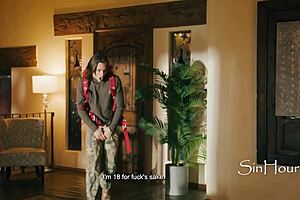 Busty caretaker catches horny guy masturbating on sofa!