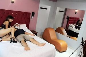 Uncle with beard gets oral surprise.