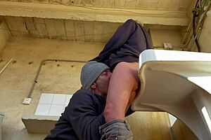 Hot wife and neighbor in the washing machine room - pussy eating with orgasms - amateur spanish milf