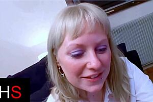 blonde milf with light eyes gets her ass fucked hard and ends with a cumshot on her belly