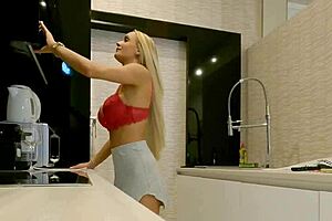 Wow, big boobs blonde housewife flashes no panties in kitchen!