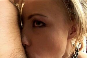 Blonde teen 18+ slut gets fucked doggystyle in stockings and lingerie. She licks pussy and fingers asshole on bed.