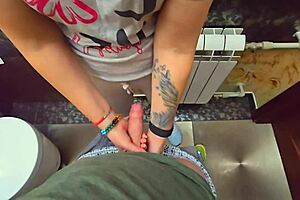 Stranger fills my panties with cum in a restaurant toilet close-up.