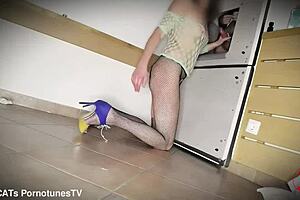 Local slut red cat in lingerie and heels gets tight shaved pussy slowly filled with dripping cum creampie