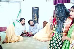 desi tharki Indian jamindar brothers share their four wives in a real gangbang with Hindi audio