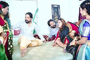 desi tharki Indian jamindar brothers share their four wives in a real gangbang with Hindi audio