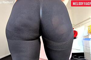 Big tits MILF Melody Radford shows ass in sheer leggings for amateur solo session.