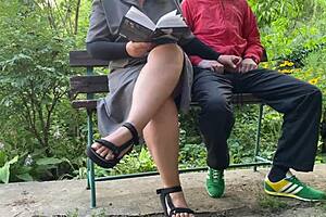 my stepmother with huge tits and big ass flashes outdoors helping with literature exam prep