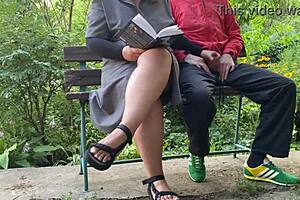 my stepmother with huge tits and big ass flashes outdoors helping with literature exam prep