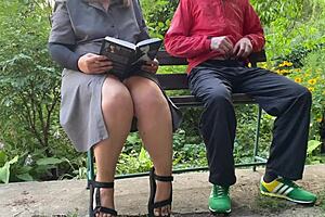 my stepmother with huge tits and big ass flashes outdoors helping with literature exam prep