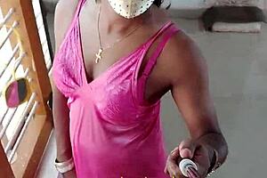 Indian sexy CD Lara Dsouza in pink satin nighty