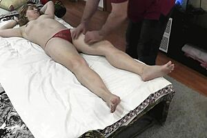 Massage masseur gives home massage to sexy milf in front of husband fingering wet pussy ass handjob squirting orgasm