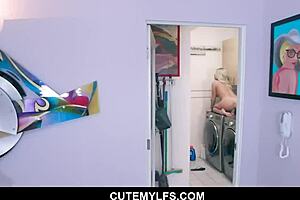 Busty milf welcomed her stepson inside for a raw pounding session. He filled her with his big cock.