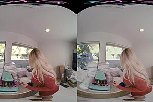 In VRAllure, the story unfolds as a blonde milf with big tits masturbates solo with toys in part 2, watching her lazy stepson.