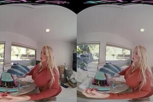 In VRAllure, the story unfolds as a blonde milf with big tits masturbates solo with toys in part 2, watching her lazy stepson.