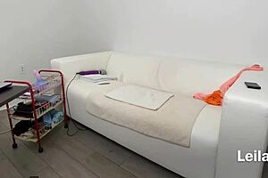 behind the scenes of cam show with petite milf masturbating solo using dildo on shaved pussy