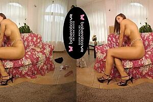 Jenifer Jane masturbates solo with a dildo in VR reality.