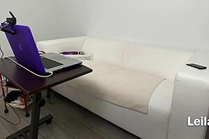 behind the scenes of cam show with petite milf masturbating solo using dildo on shaved pussy