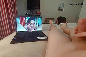 Reacting to Video with Dick in Ass While Milf Gives Blowjob and Handjob