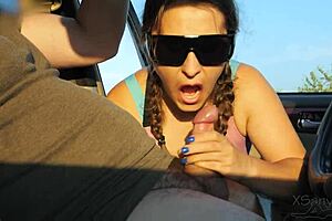 Stranger spots me jerking off in car at public park. She gives incredible blowjob with deepthroat and cum in mouth.