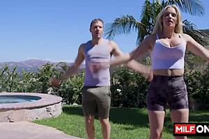 Blonde busty milf trainer uses her amazing big tits to connect with her student in a fun session.