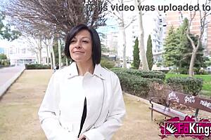 This mature Spanish woman with huge tits and curvy ass hooks up with a muscular black guy. She takes his monster cock deep in passionate quickie, ending with big clit orgasm.